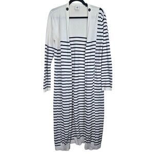Cabi Striped Duster Cardigan Sweater Medium Long Sleeve Cream Navy Nautical Cozy